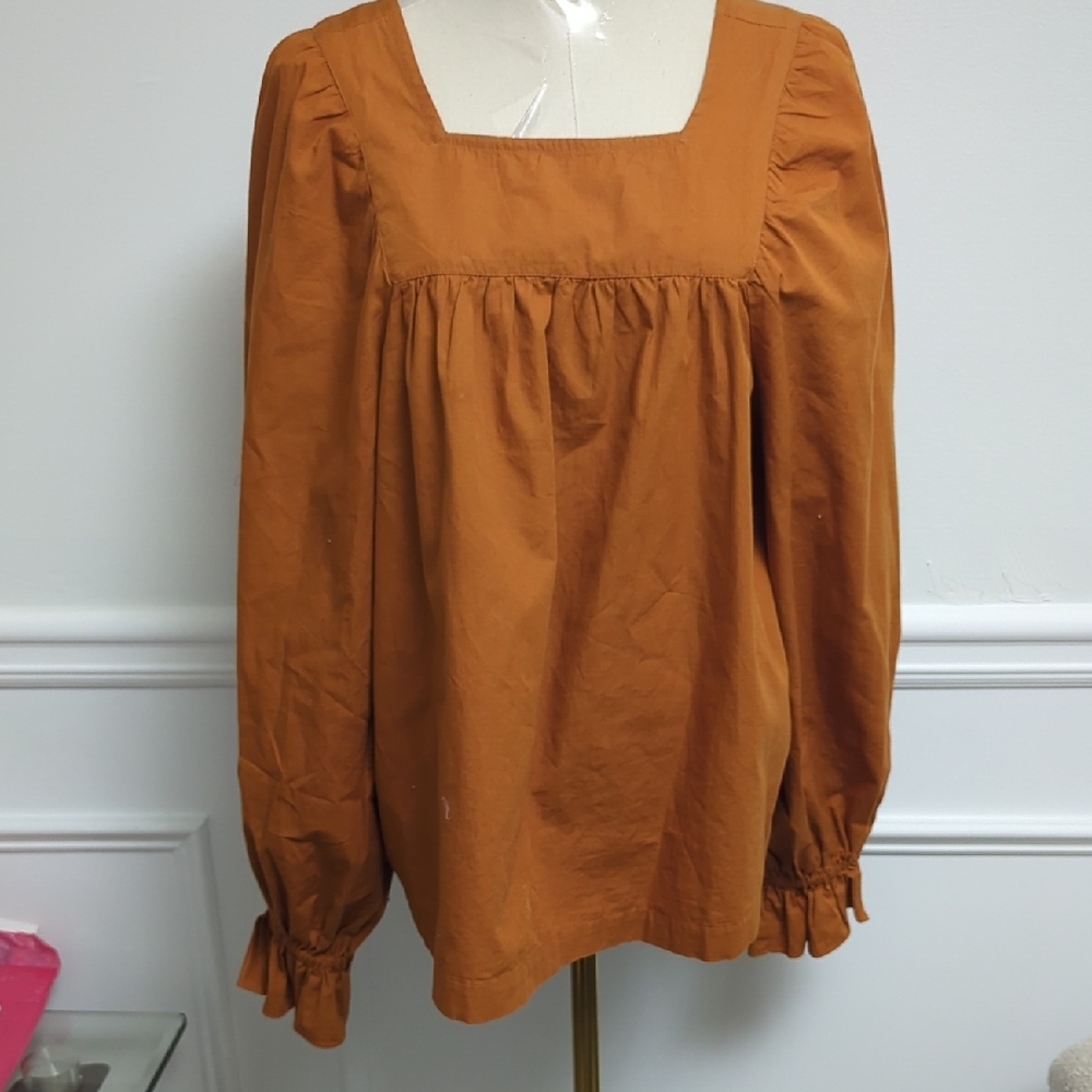 Happy Nature Ruffled Orange Brown Long Sleeve Blouse Small